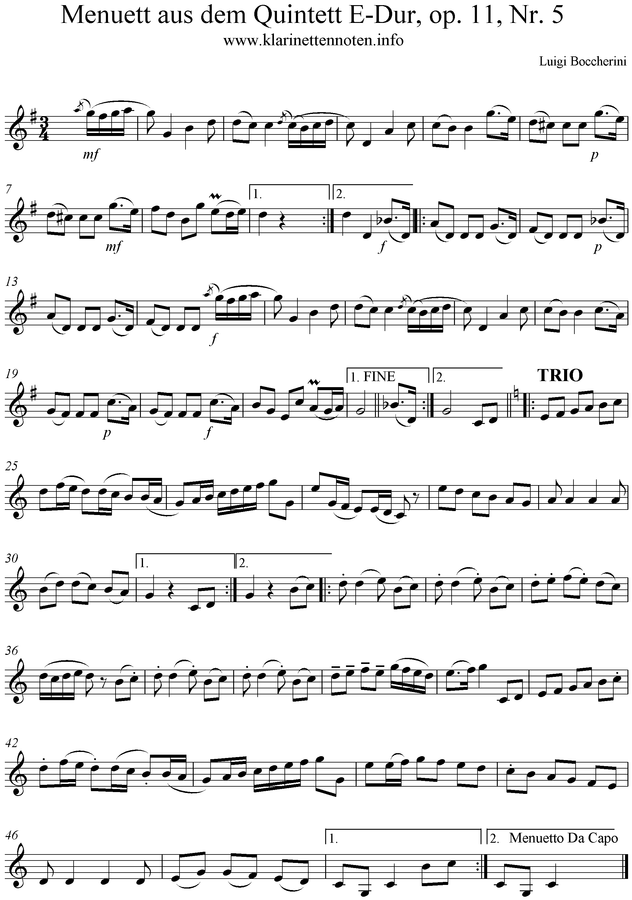 Menuett aus dem Quintett E-Dur, op. 11, Nr. 5, Clarinet, Klarinette